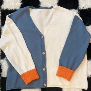 Blue and White color block Women's Sweater with Orange Accents